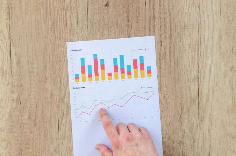 A person pointing to a piece of paper with some graphs and data on it. For the "Business Finance Fundamentals" course from RTS Academy.
