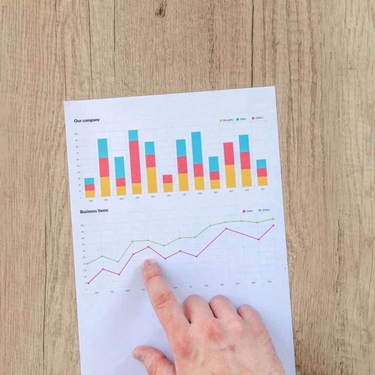 A person pointing to a piece of paper with some graphs and data on it. For the "Business Finance Fundamentals" course from RTS Academy.