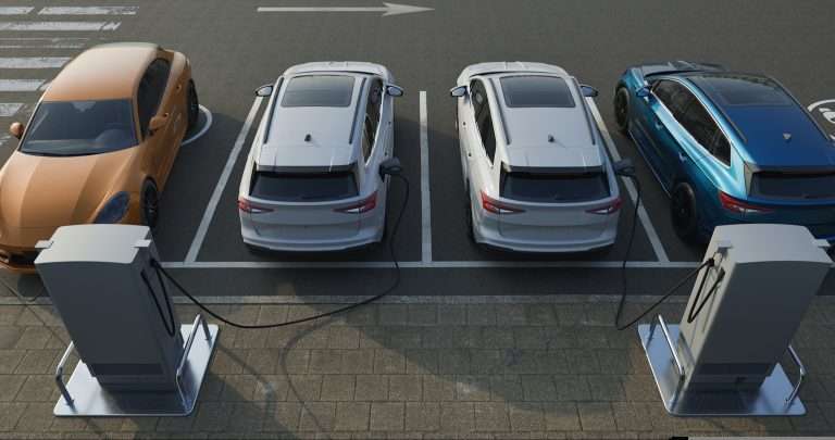 Generic image of electric vehicles charging in a car park. This is the featured image for the RTS Academy "Distinguishing EV: Understanding EV Type" eLearning module.