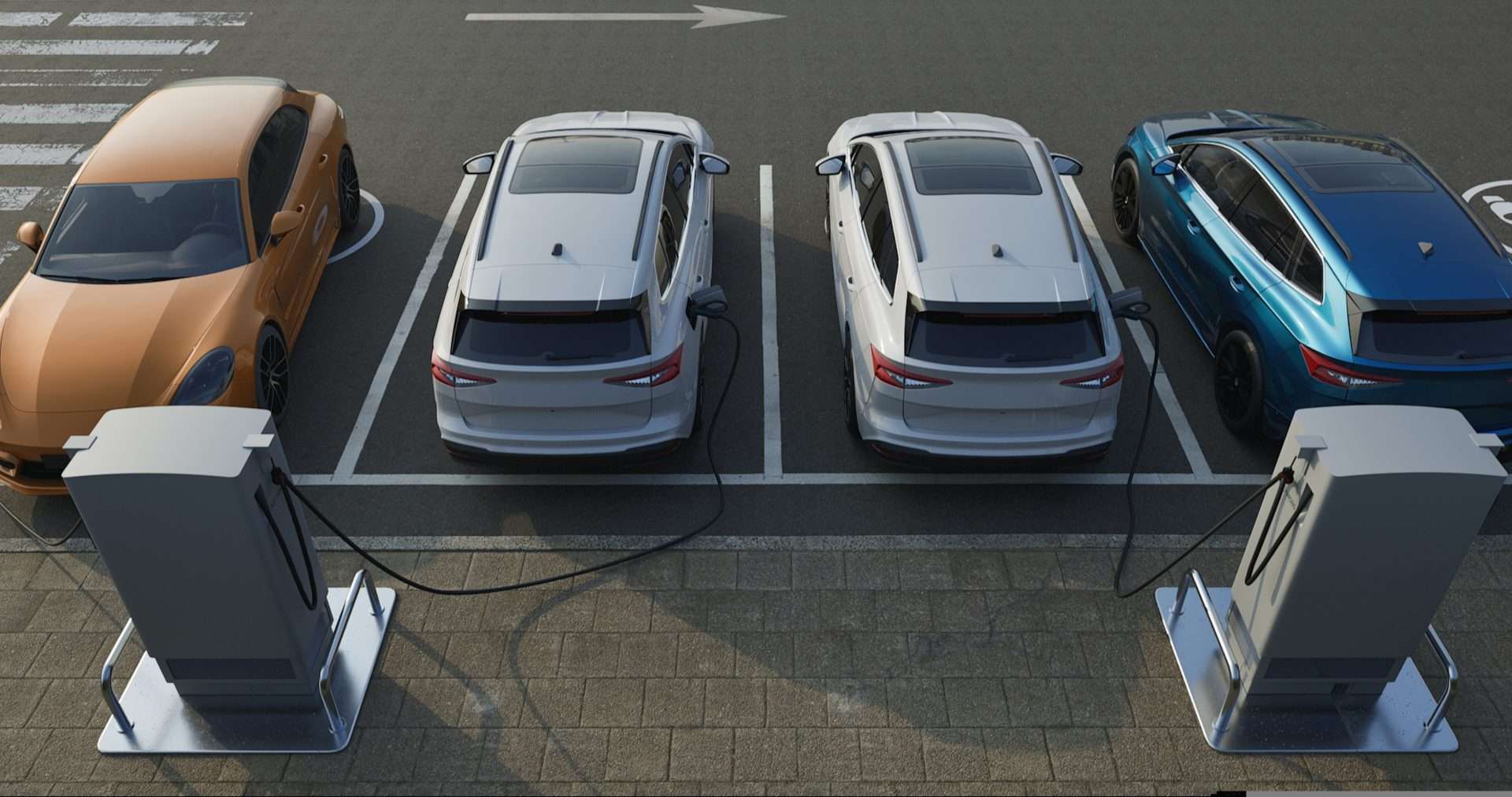 Generic image of electric vehicles charging in a car park. This is the featured image for the RTS Academy "Distinguishing EV: Understanding EV Type" eLearning module.