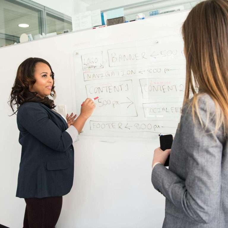 Two women brainstorming in an office, using a whiteboard for project planning.